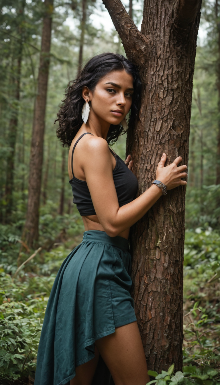 A confident Native American girl with straight raven hair and feather earrings hikes up her skirt in a forest clearing, leaning against a tree as a hiker fucks her from behind, her moans echoing through the woods.