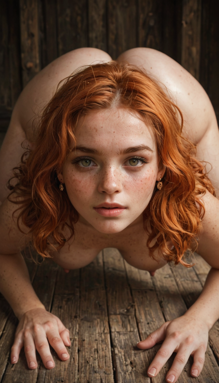 A thick-set Russian girl with ginger hair and freckled skin on all fours in the attic, her fat ass rippling from relentless doggy-style thrusts into her gushing, hairless cunt.