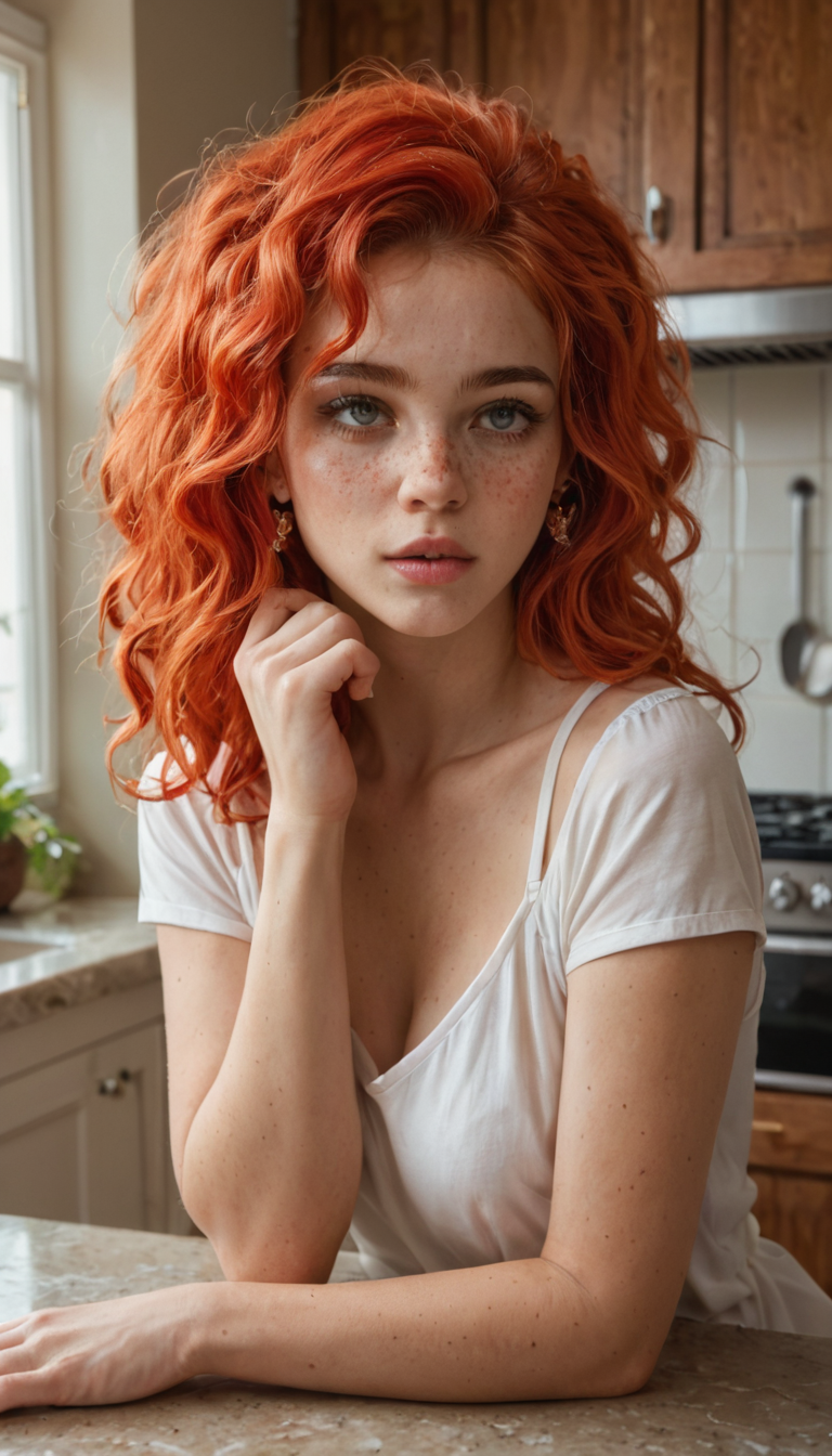 A delicate Irish girl with fiery red hair and pale freckled skin gets eaten out voraciously on the kitchen table, her legs trembling as she cums hard into her lover's mouth.